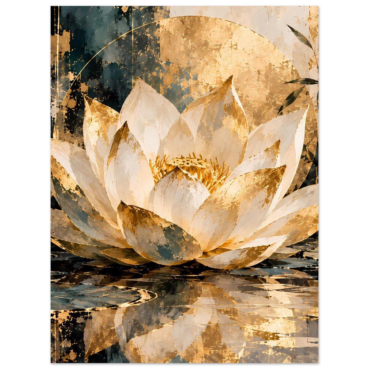 Premium-Poster mit Lotusblüte mittig, cremeweiße Blütenblätter und goldene Farbakzente im Kunststil