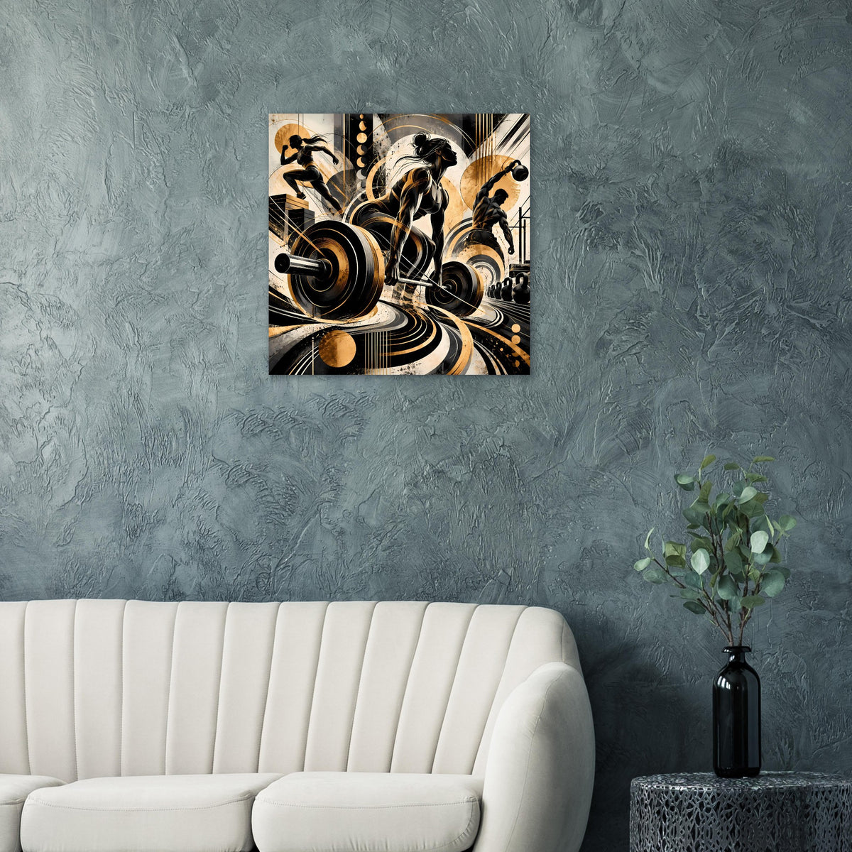 Fitness-Action-Poster mit dynamischen Gewichtheber-Silhouetten in Gold- und Schwarzlinien.