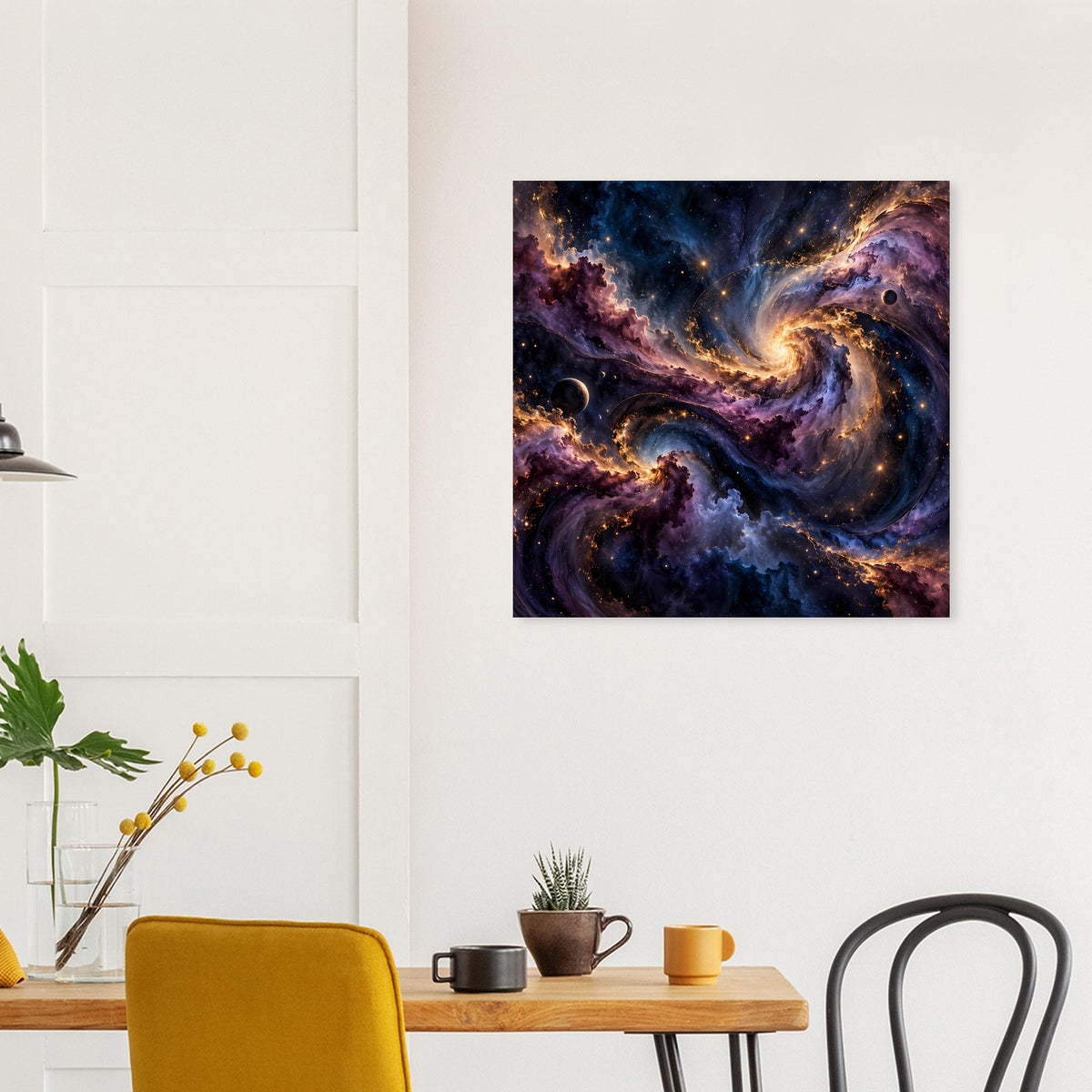 Hängendes Wandposter mit kosmischem Nebel in Blau, Violett und goldenen Strahlen