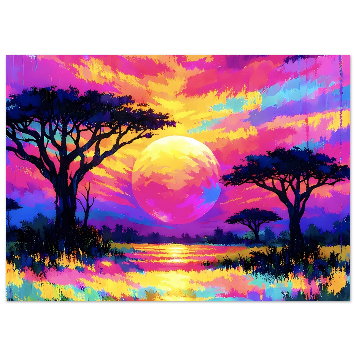 Neon-Sunset-Landschaftsposter mit Sonnenball, Baum-Silhouetten und leuchtendem Wasserreflex