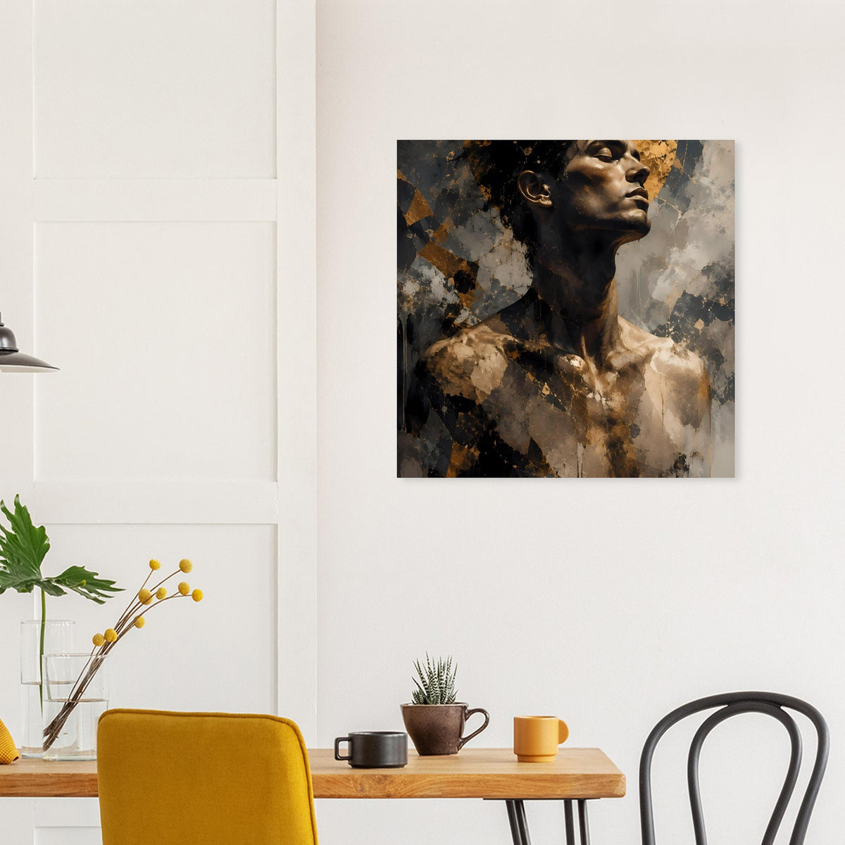 Kunstposter (klein) mit abstraktem Männerporträt, dunkles Gesicht, goldene Sprenkel