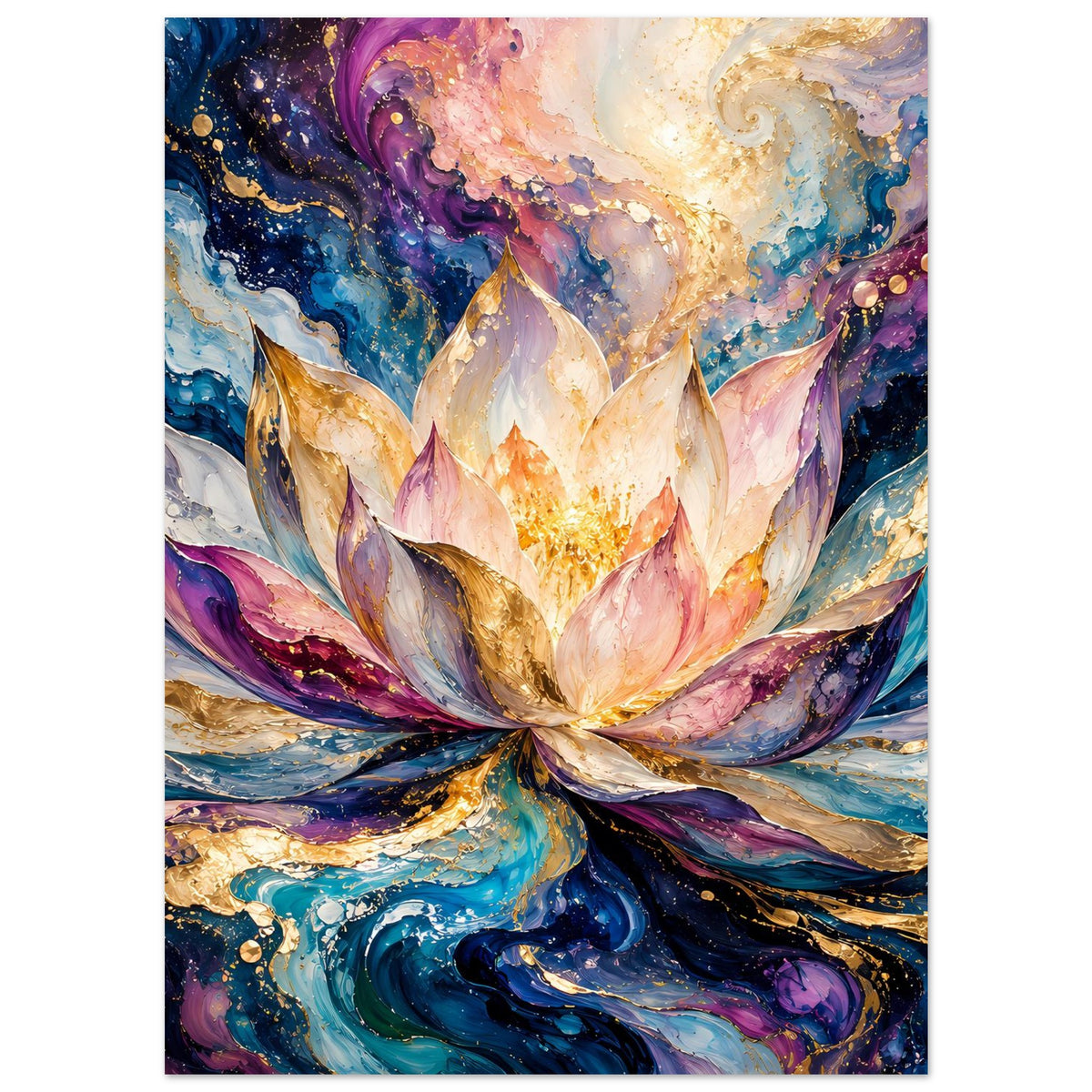 Blumenposter im Hochformat, Lotusblüte mit goldener Lichtmitte und violetten Akzenten