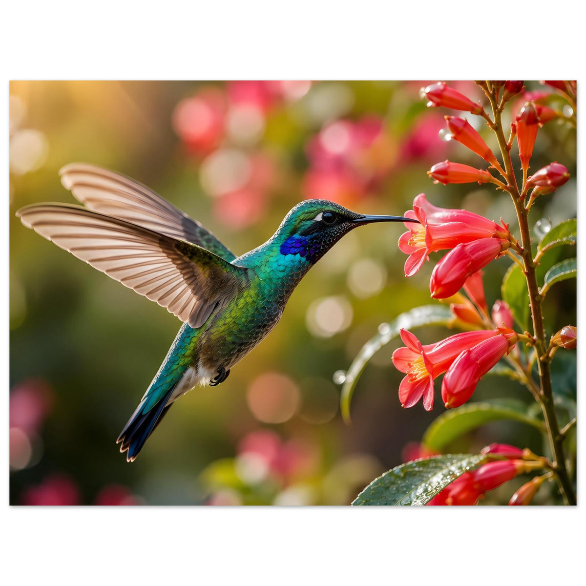 Poster im Querformat? Kolibri im Flug zu roten Blüten, klarer Druckbereich