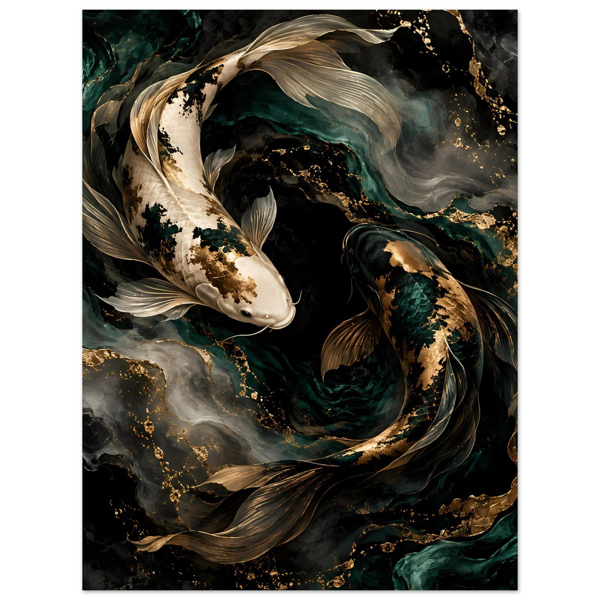 Kunstposter mit zwei Koi-Fischen in tiefem Grün, Goldspritzern und dramatischer Wasserströmung