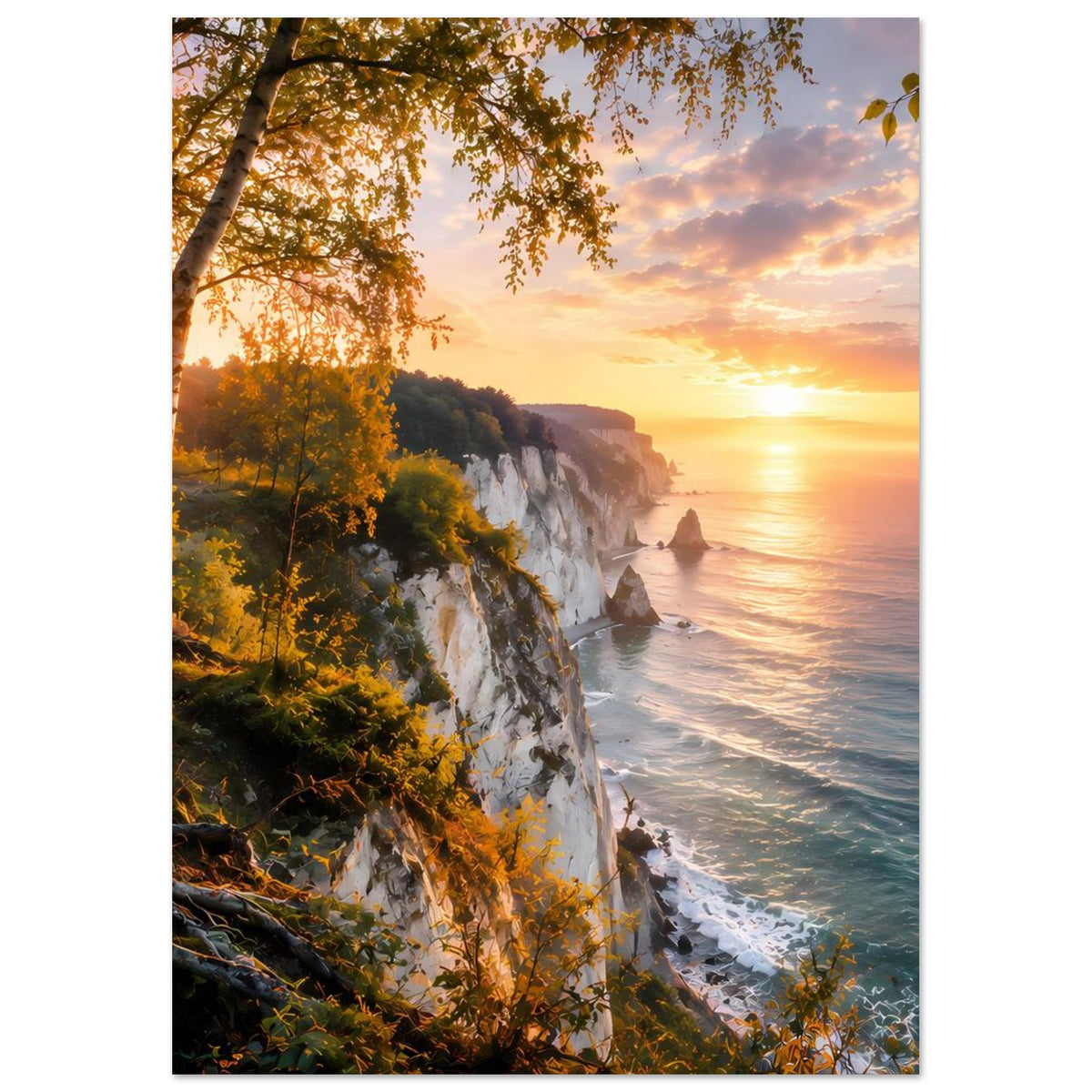 Küstenlandschaft-Poster, vertikal: Klippenküste, Bäume am Rand, Meer und Sonnenuntergang.