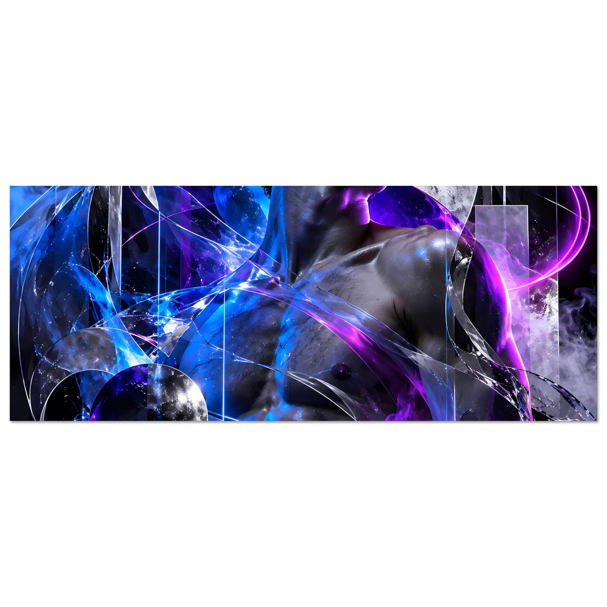 Horizontales Poster im Cyber-Look: blau-violett leuchtender Torso, Kreise und Energiestrahlen