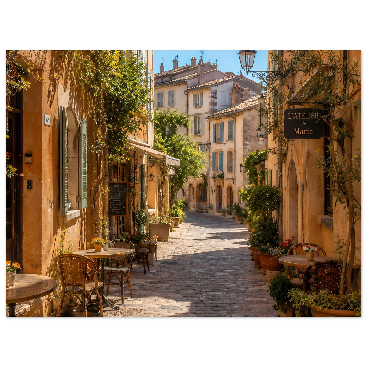Poster mit mediterraner Altstadtgasse, Cafétischen und sonnigen Fassaden