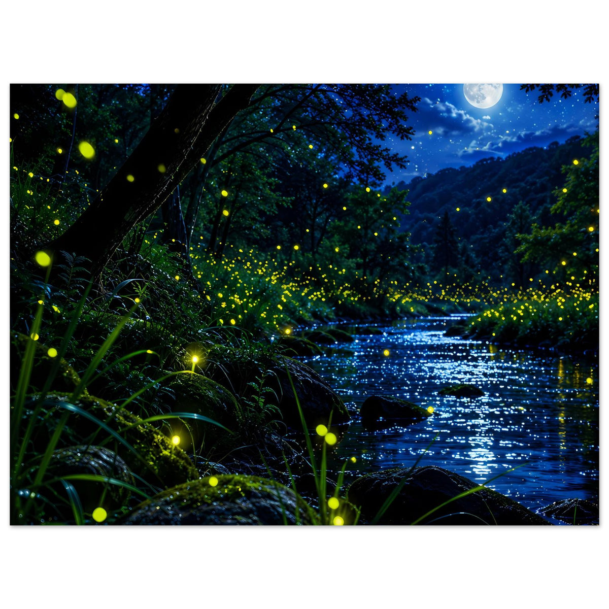 Wandposter mit Waldfluss unter Mondschein und vielen leuchtenden Glühwürmchen, horizontal
