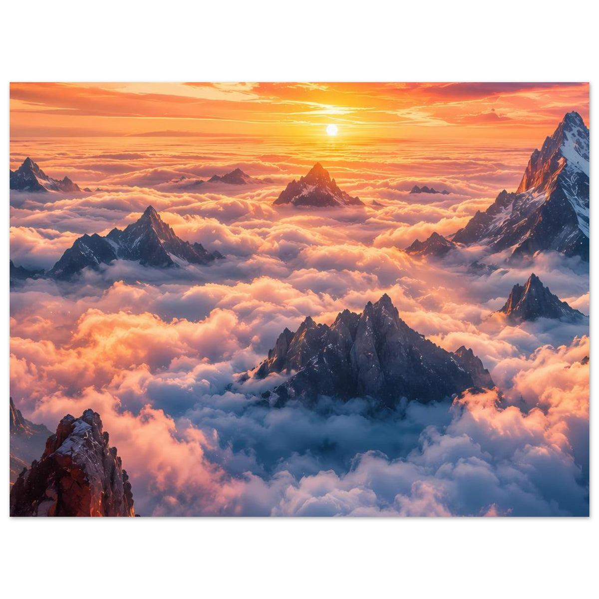 Wandposter mit Sonnenaufgang über Berggipfeln und Wolken, horizontal