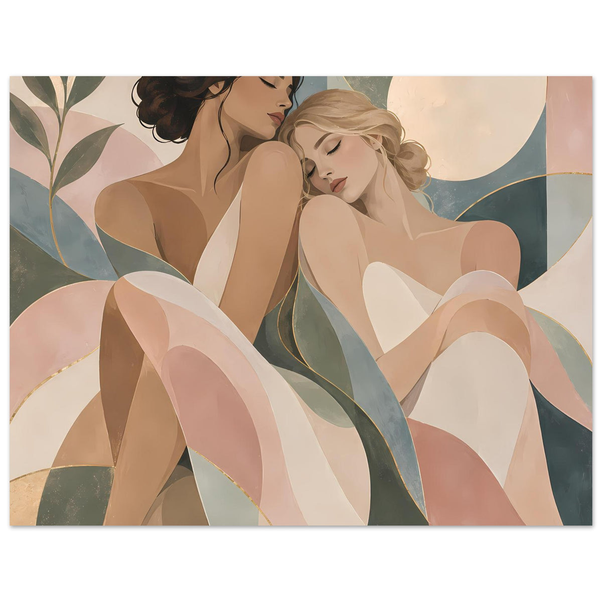 Poster mit Art‑Nouveau‑Motiv: zwei Frauen, Pastellfarben, sanfte Bögen und goldene Akzentlinien
