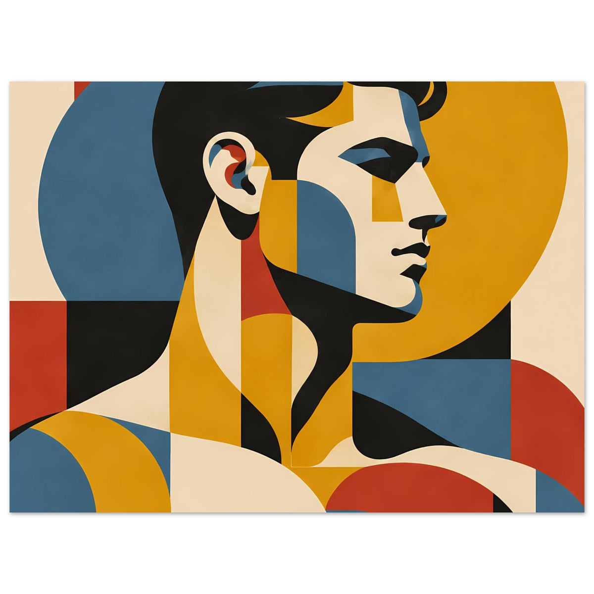 Bauhaus-inspiriertes Porträtposter (horizontal): Frauenprofil in Blau, Gelb, Rot und Creme mit Formen