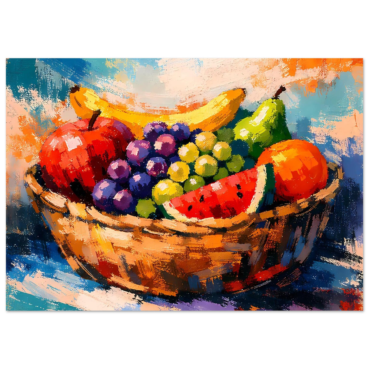 Poster mit bunter Obstschale: Wassermelone, Trauben, Zitrus und Banane in Malerei