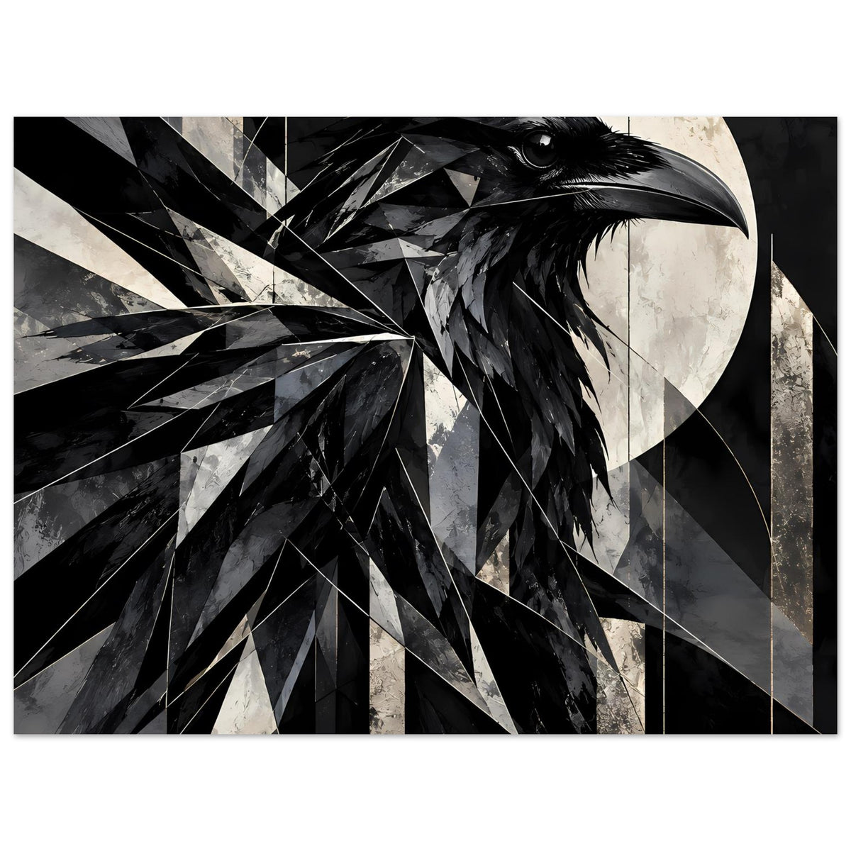 Kunstposter-Ausschnitt mit geometrischem Raben, Fokus auf Auge, Schnabel und Federn