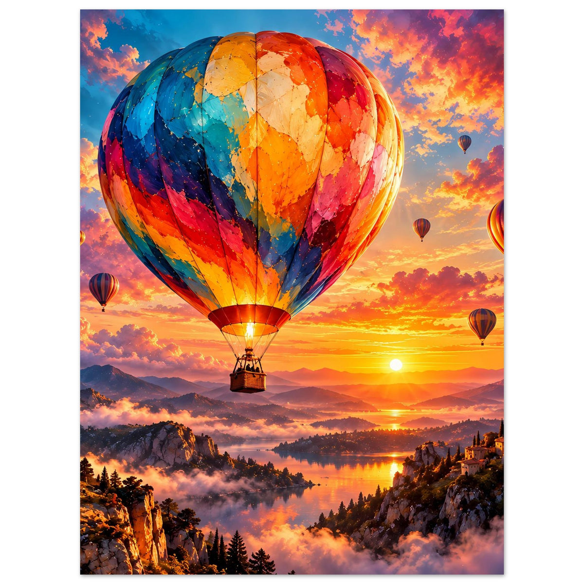 Wandposter mit großem Heißluftballon und Sonnenuntergang, teilweise angeschnittene Ballons