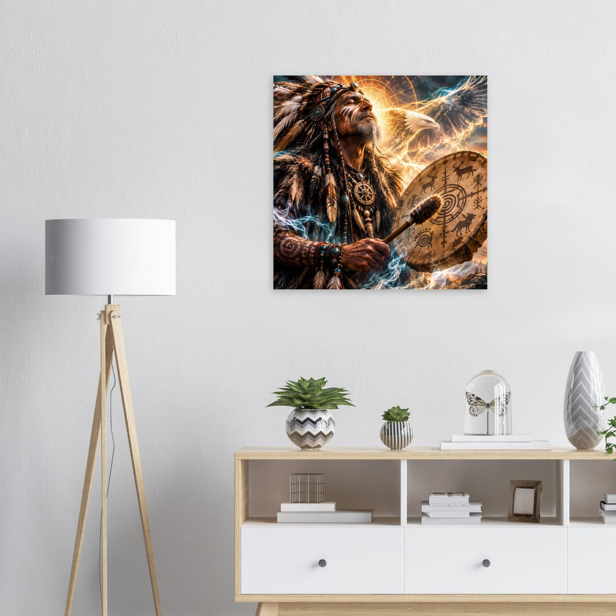 Fantasy-Poster: Schamane hält Trommel, gelber Adler mit ausgebreiteten Flügeln