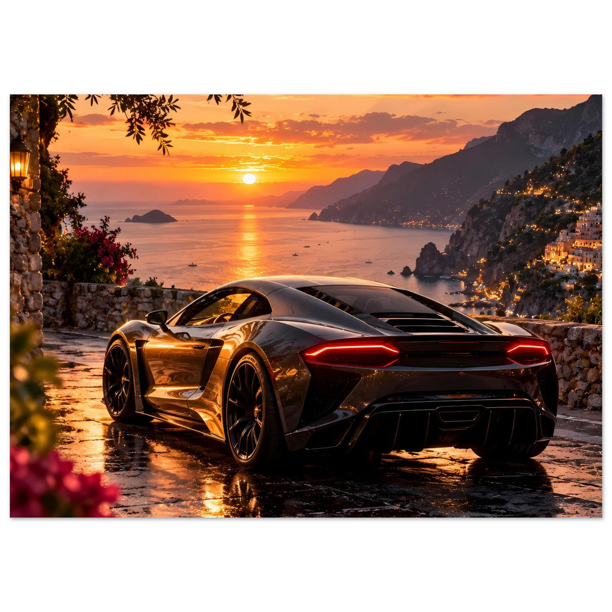 Sportwagen-Sunset-Poster im Querformat: silberner Sportwagen, rote Lichtleisten am Heck