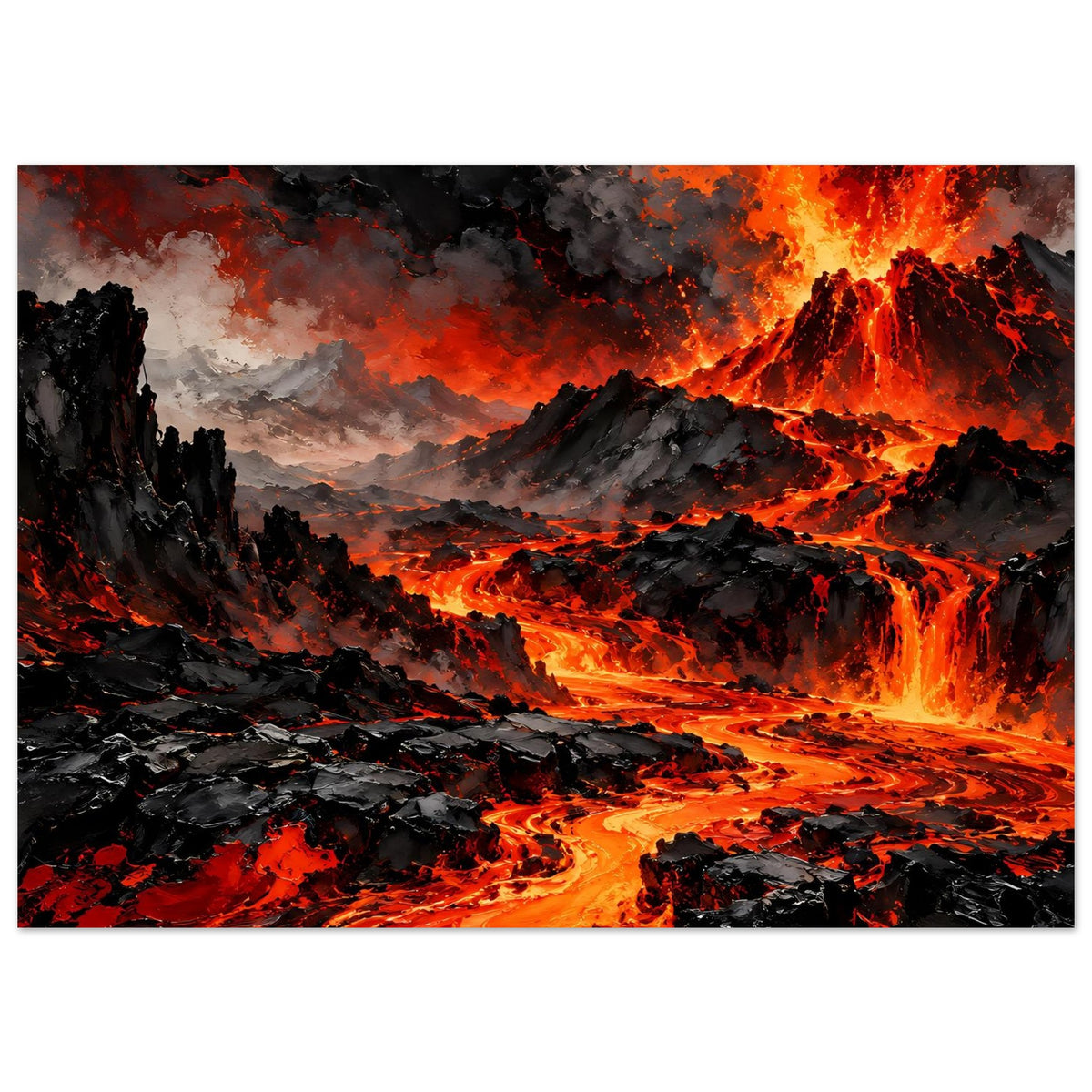 Horizontales Vulkan-Ausbruch Poster: Lava über Felslandschaft, Feuerschein und Rauch in Rot-Orange