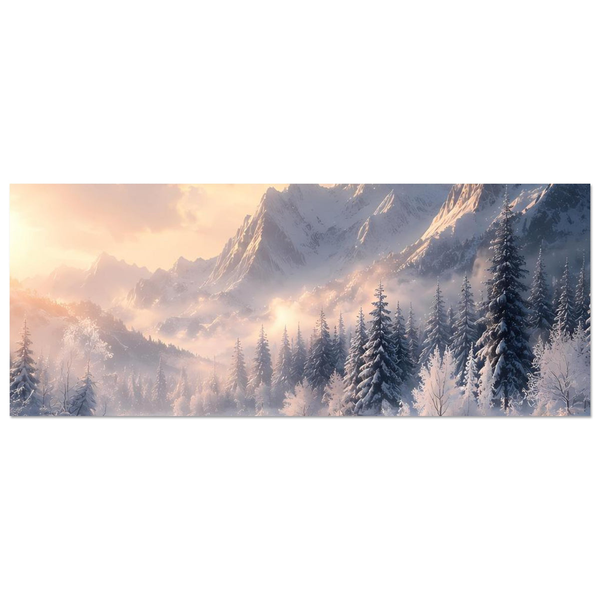 Winterlandschaft-Poster im Querformat: Berge, Tannen und verschneiter See