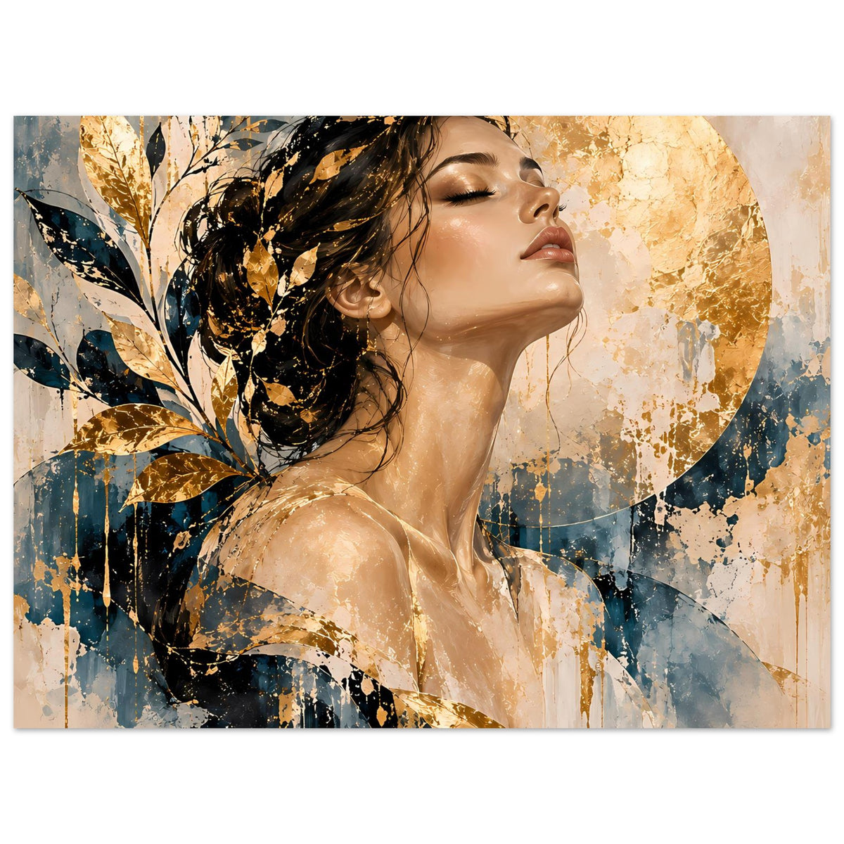 Kunstposter Hochformat: Frauenporträt im Profil, goldene Blattornamente, kräftige Blauanteile