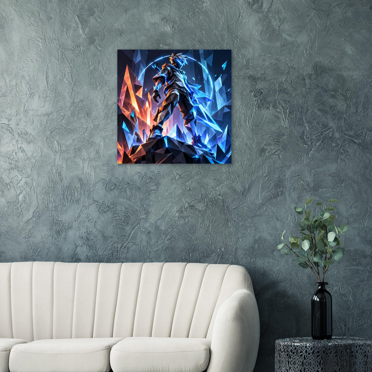 Quadratisches Wandposter mit futuristischem Krieger, Neon-Blau und Orange vor abstrakter Musterfläche