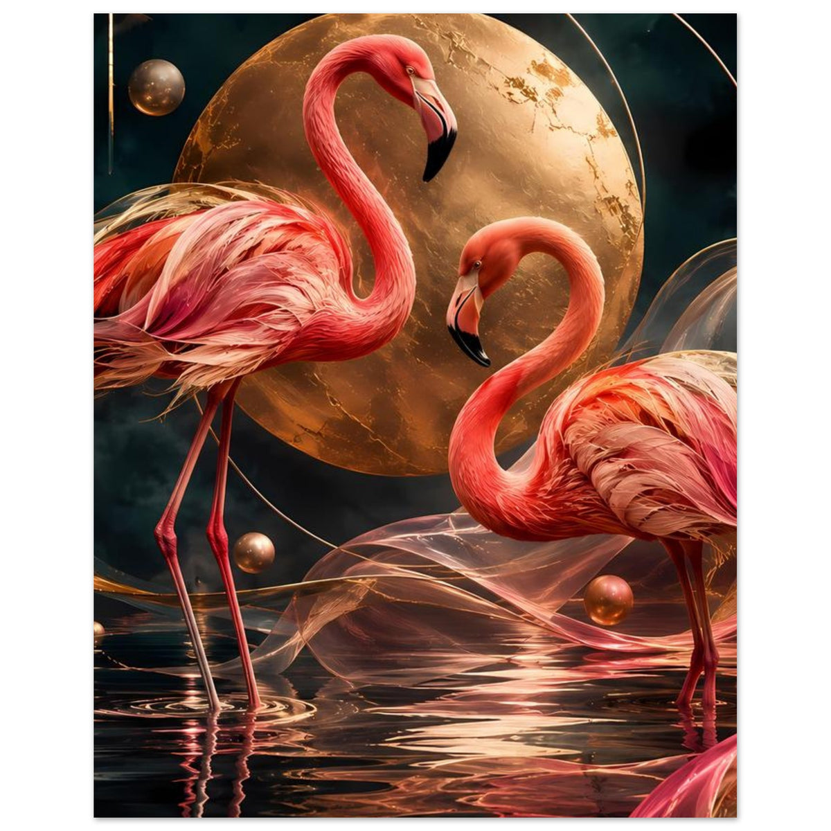 Kunstposter mit zwei pinken Flamingos vor goldener Mondkugel, goldene Kreise im Hintergrund