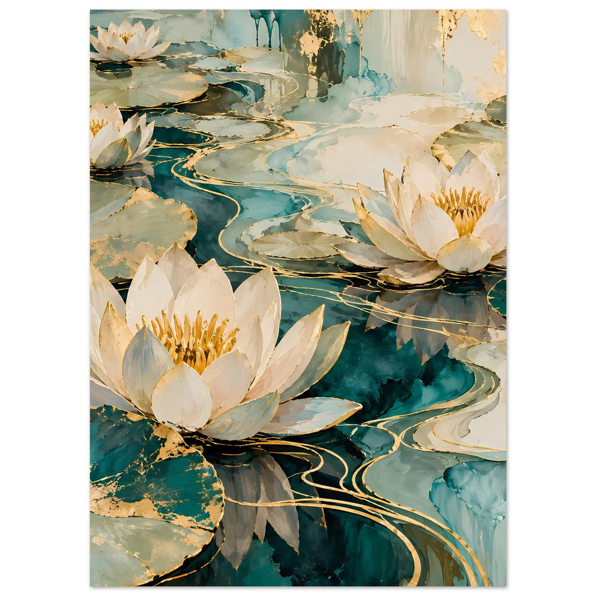 Lotusblüten-Wandposter mit zwei großen Seerosen und türkisblauen Wasserformen