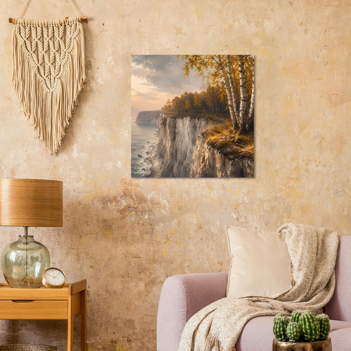 Mattes quadratisches Poster mit Küstenklippen, Birken und goldenen Blättern