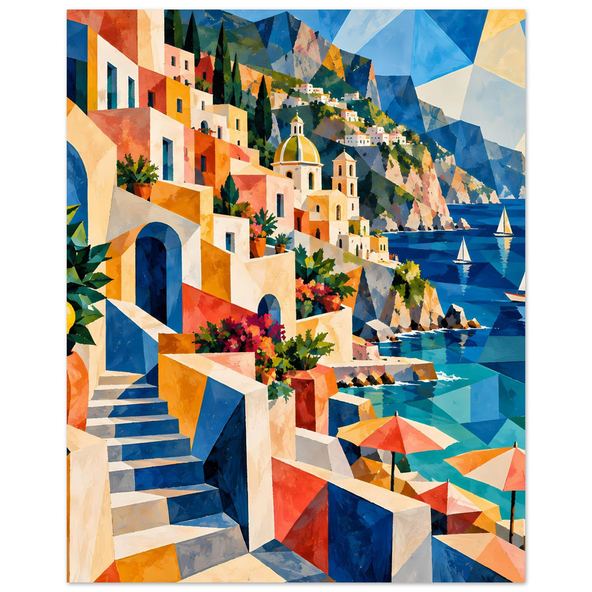 Mediterranes Küstenkunstposter mit Treppe, Häusern, Mittelmeer und Sonnenschirmen