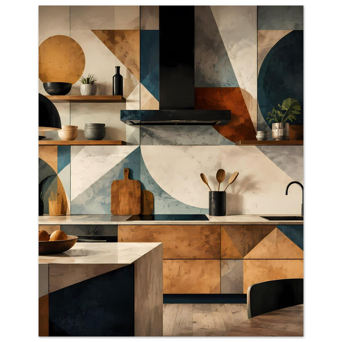 Küchenkunst-Poster im Hochformat: geometrische Küchenszene mit Arbeitsplatte und Accessoires