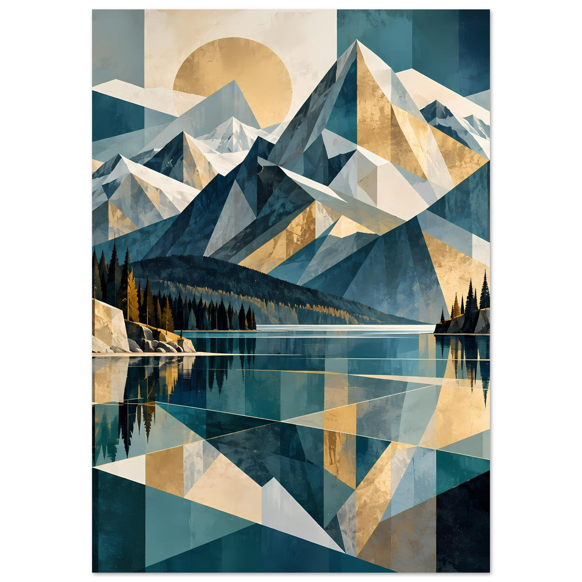 Wandposter Hochformat mit geometrischen Bergen, Sonnenkreis und Reflexion im See