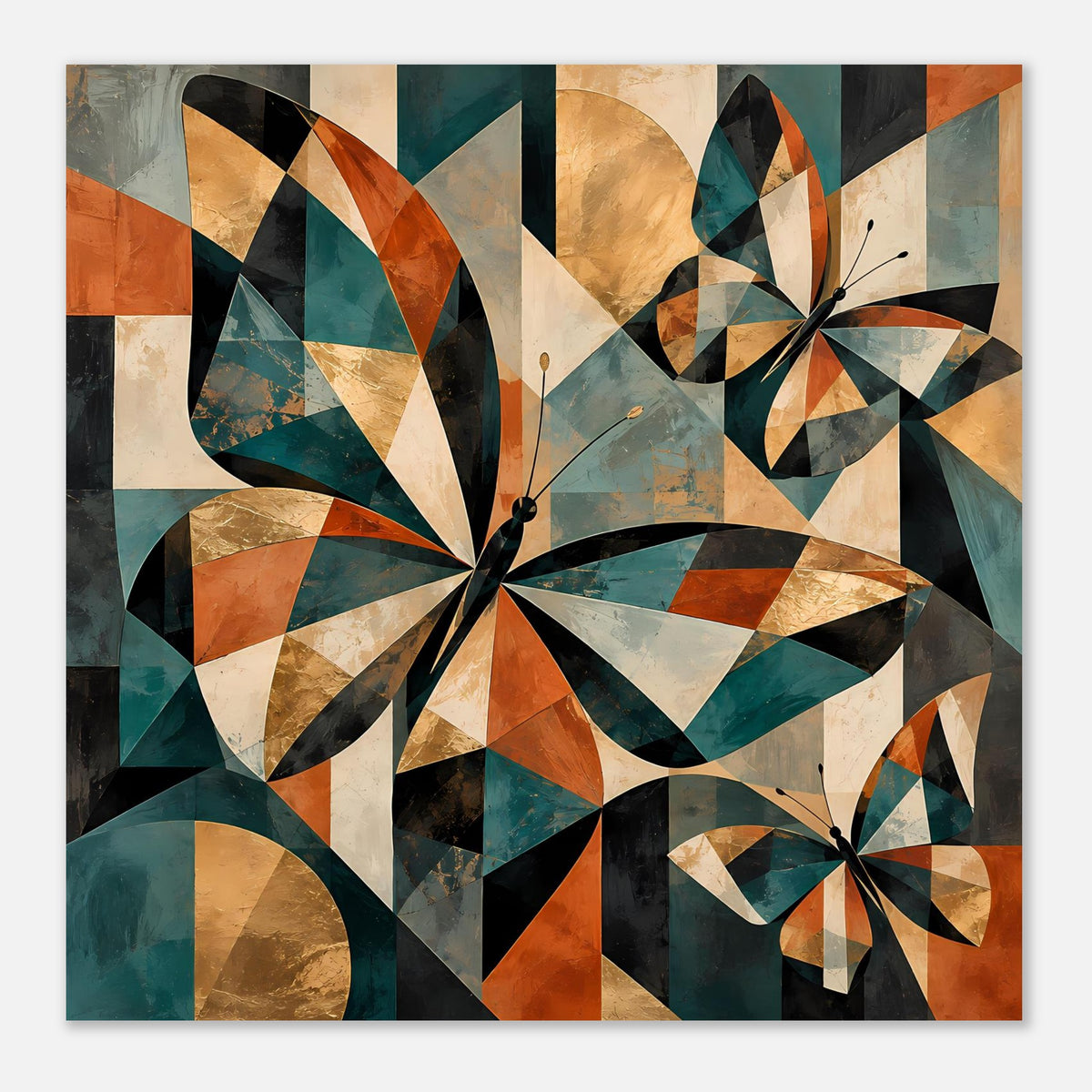 Gerahmtes Kunstposter mit geometrischen Schmetterlingen in warmen Erdtönen, orange, türkis und beige