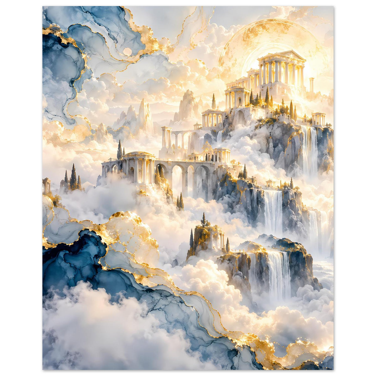 Kunstposter im Hochformat mit leuchtender Kuppel über einer goldenen Tempelstadt im Nebel
