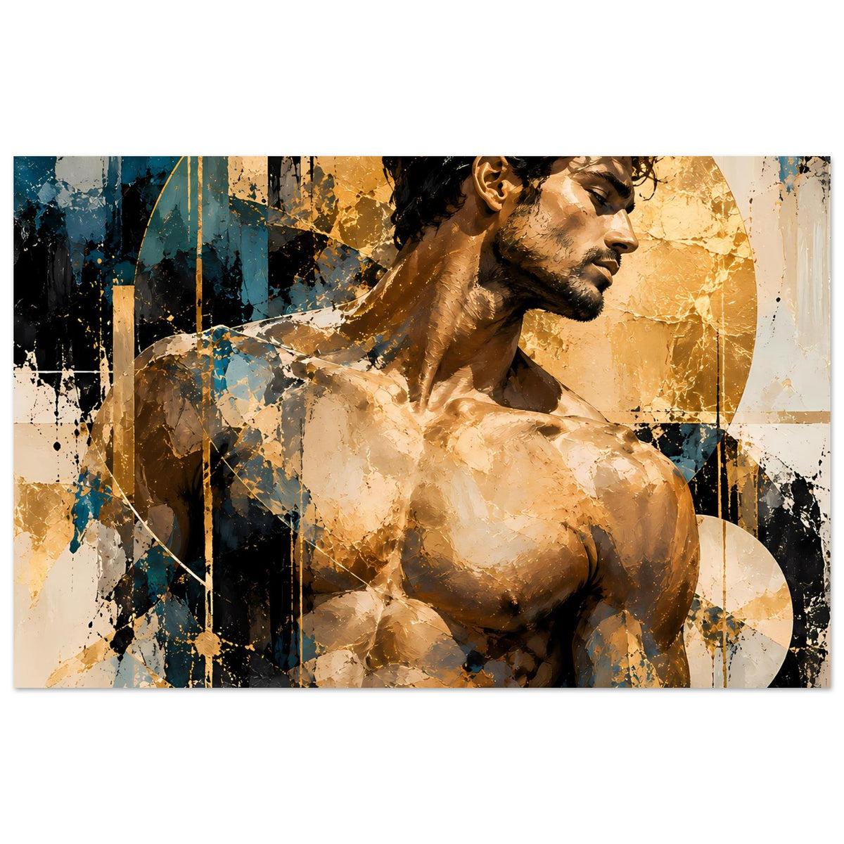 Kunstdruck eines nackten Mannes im Profil, Gold- und Blauspritzer, querformat