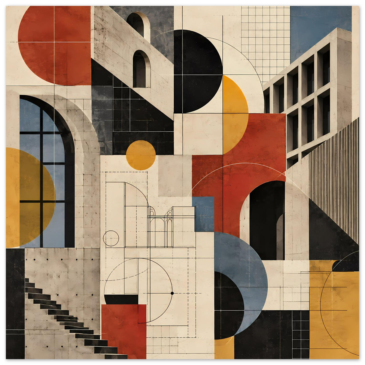 Kunstposter mit geometrischem Architekturmotiv, Kreisen und Bögen in Terrakotta und Schieferblau
