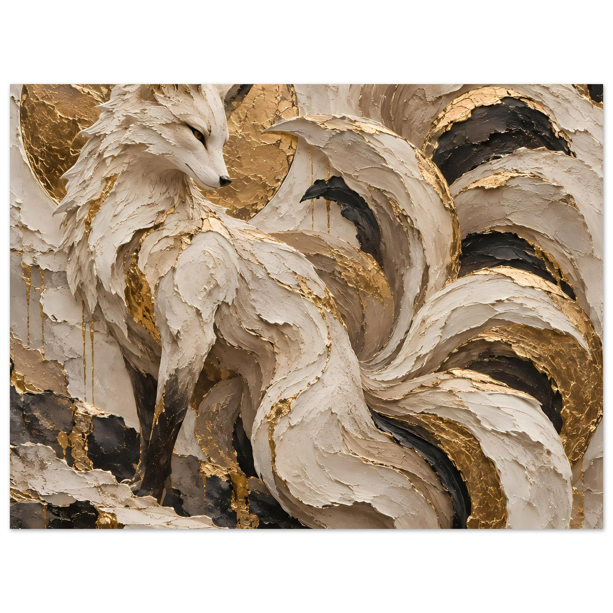 Kunstposter mit Fuchs und goldenen Flächen, beige Struktur, schwarze und braune Kontraste