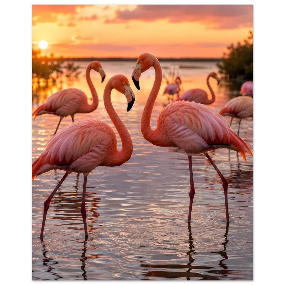 Wandposter mit rosa Flamingos im Vordergrund, Sonnenuntergang und Wasserreflexion