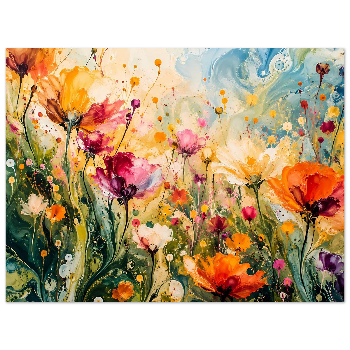 Blumenposter im Querformat mit bunten abstrakten Blüten, Punkten und Spritzern