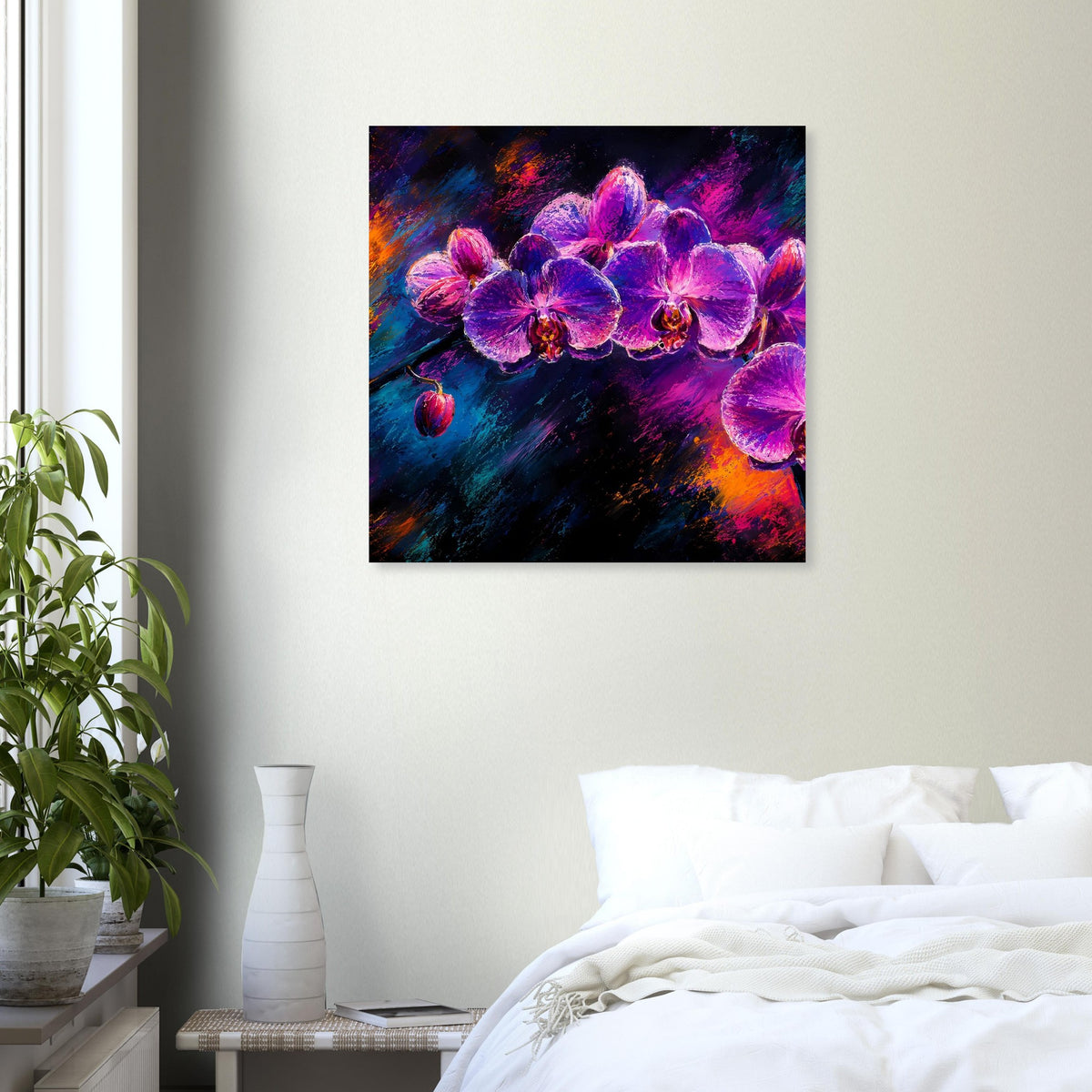Quadratisches Wandposter mit lila Orchideen und buntem Farbverlauf, schwarzer Rahmen