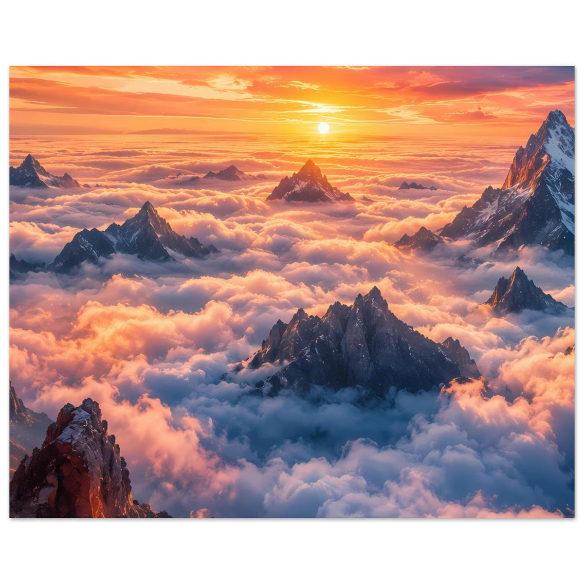 Poster mit Sonnenaufgang über einer Berglandschaft und flauschigen Wolken