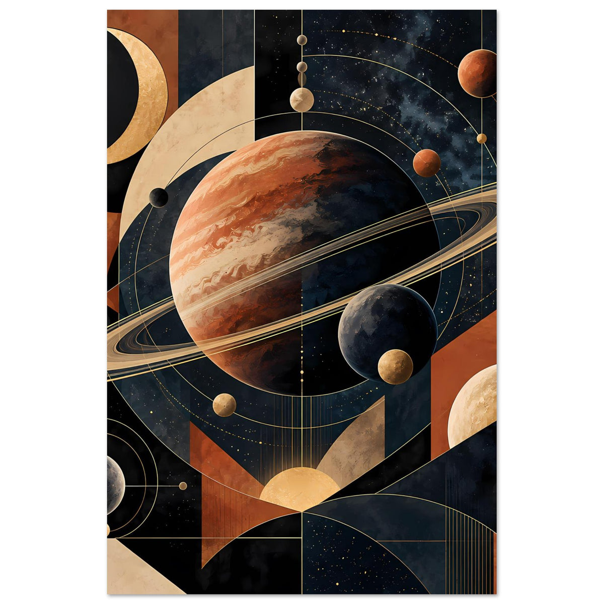 Aufrecht stehendes Poster mit rotem Planeten, dunklen Monden und schimmernden Bahnen; warmes Farbschema.