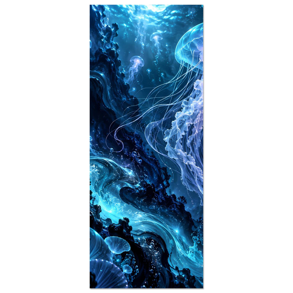 Hochformat-Unterwasser-Poster mit glühenden Quallen und Wasserwirbeln in Blau