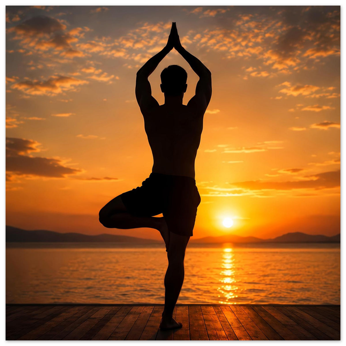 Wandposter mit Yoga-Silhouette: ein Bein angehoben, Hände über dem Kopf im Gleichgewicht
