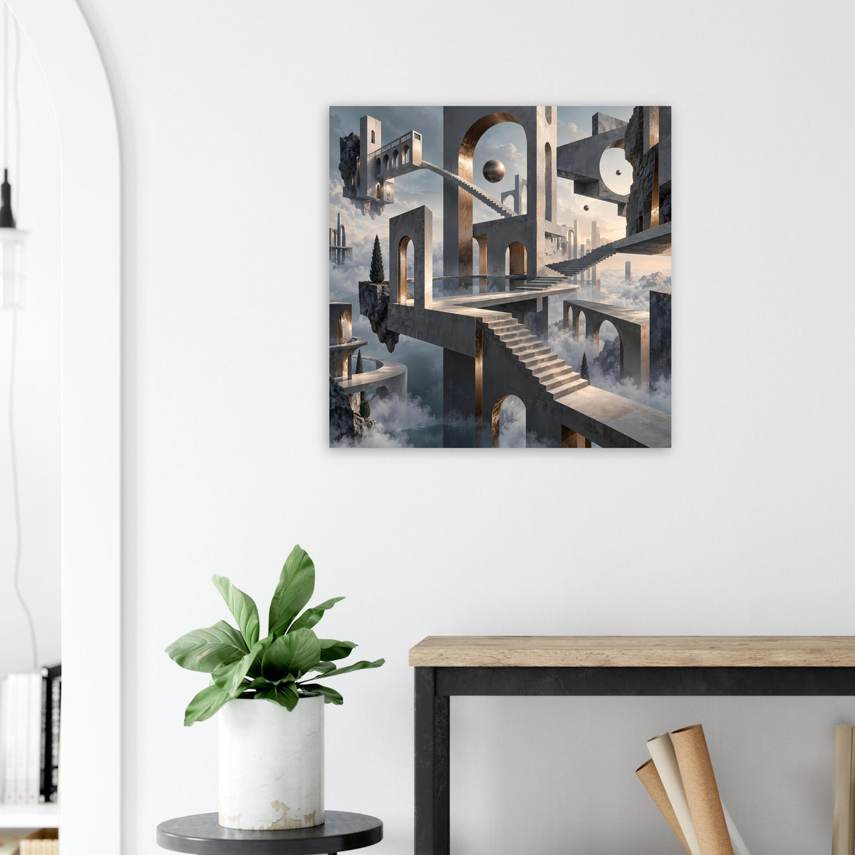 Quadratisches Architekturposter mit schwebenden Treppen und goldenen Bögen