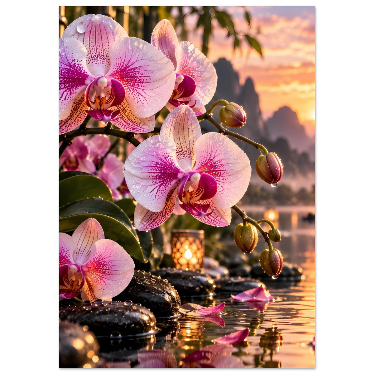 Poster mit rosa Orchideen und goldfarbenen Kerzen am Ufer des Sees