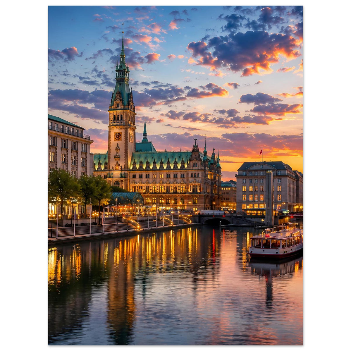 Stadtlandschafts-Poster im Hochformat mit Dom, Lichtern am Ufer und ruhigem Fluss