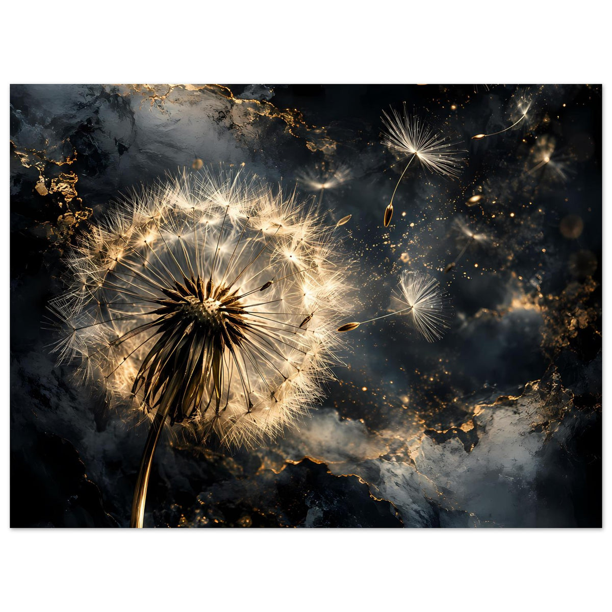Horizontales Poster mit goldener Löwenzahnblüte und feinen Funken auf dunklem Hintergrund