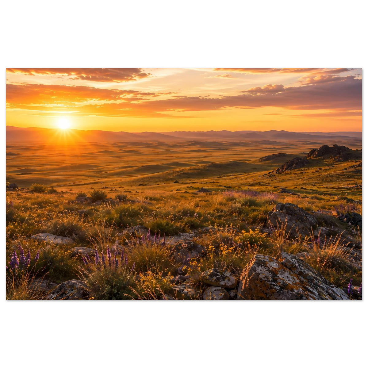 Horizontales Naturposter mit Sonnenuntergang über Wüste, Felsen und violetten Blumen