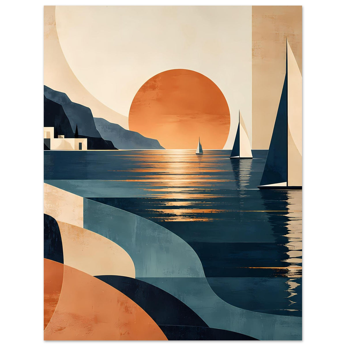 Wandposter mit Sonnenuntergang, Segelbooten vor dunklem Wasser und großen geschwungenen Flächen links