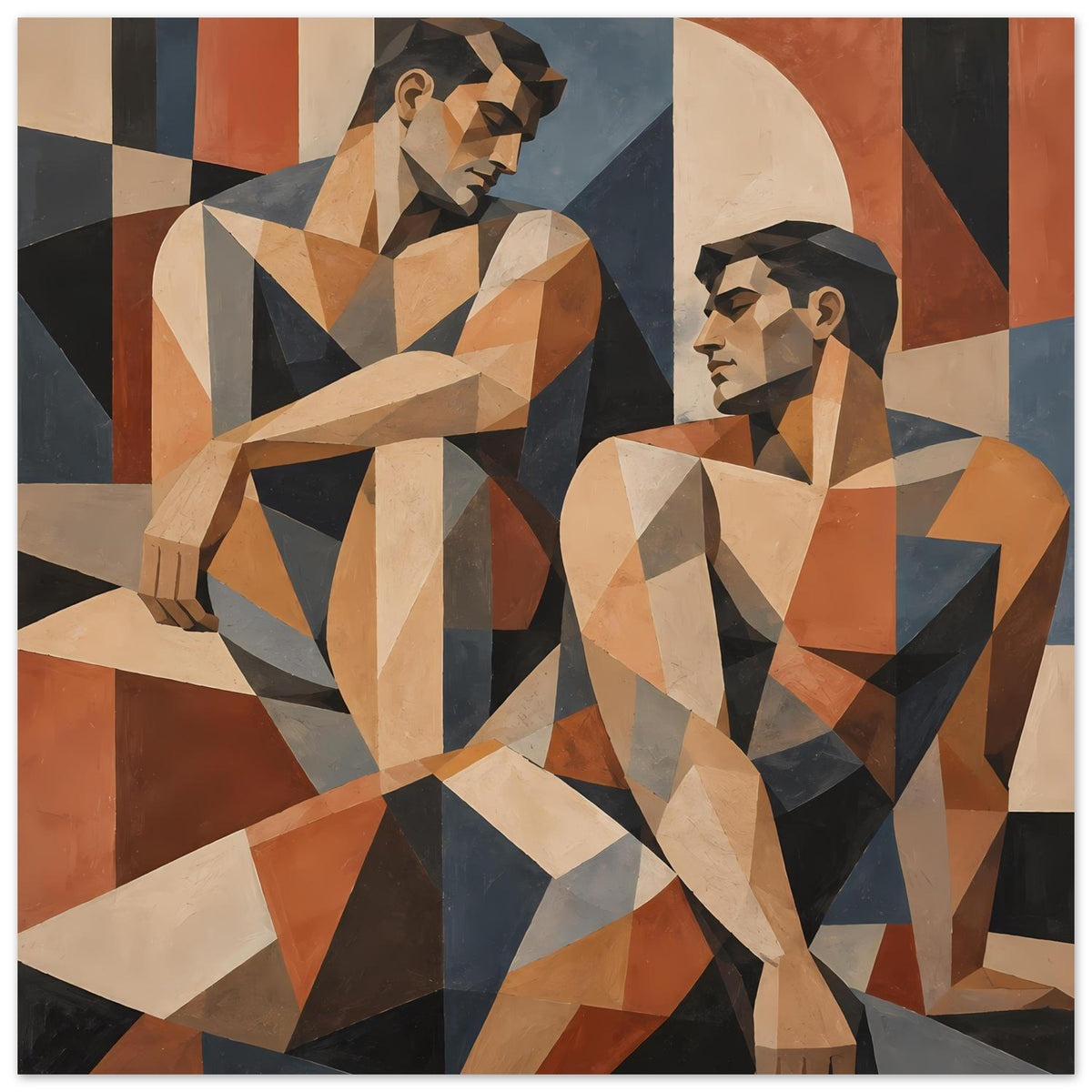 Kunstposter mit geometrischen Figuren und Hintergrundmuster in Beige-, Braun- und Blautönen