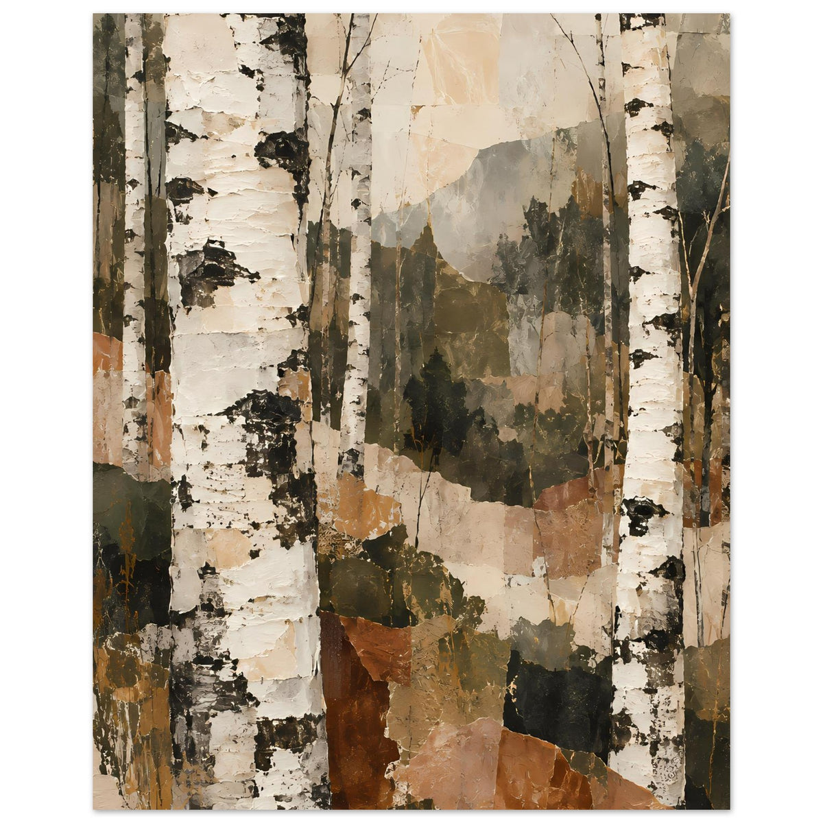 Kunstposter mit Birkenwald-Motiv, Hochformat; weiße Birkenstämme mit braun-grünen Akzenten
